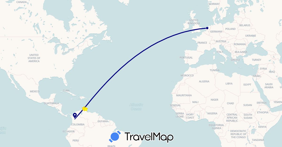 TravelMap itinerary: driving in Aruba, Colombia, Curaçao, Netherlands (Europe, North America, South America)